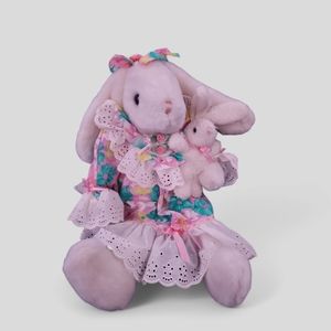 Large 24"  Vintage Dan Dee Easter Bunny Rabbit and Baby Bunny Plush Floral Dress
